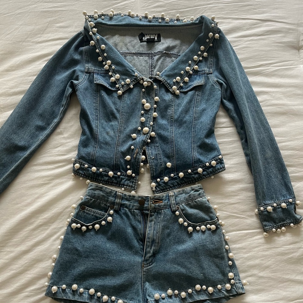 DKNY vintage pearl jean jacket and shorts